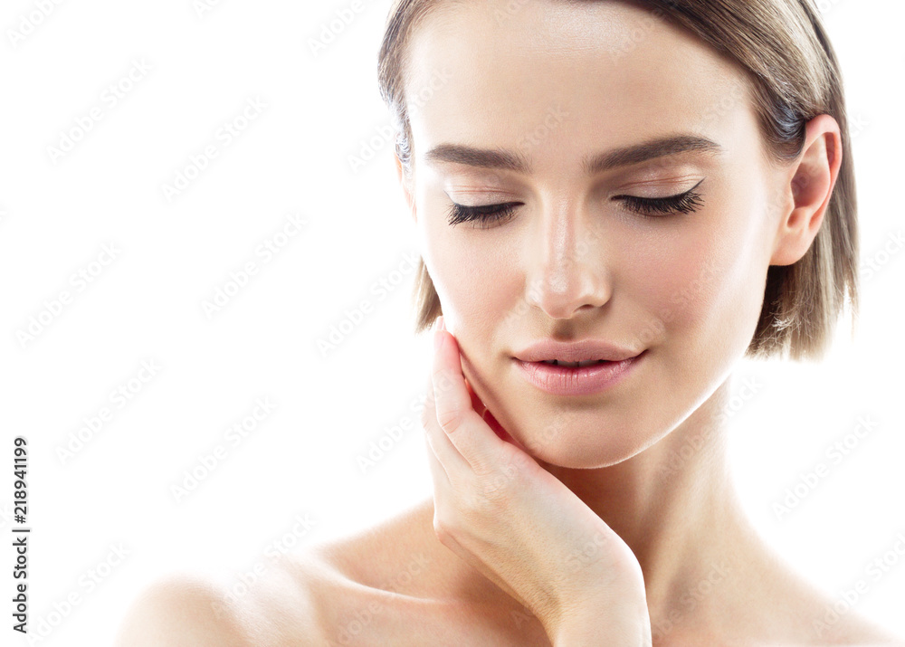 Beauty woman skin care face healthy blonde short hair and skin natural makeup isolated on white Beauty woman skin care face healthy blonde short hair and skin natural makeup isolated on white