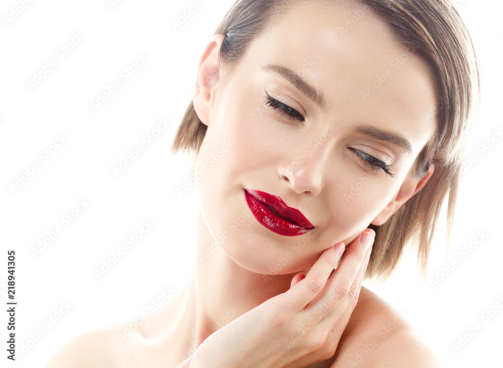 Beauty woman skin care face healthy blonde short hair and skin natural makeup isolated on white Beauty woman skin care face healthy blonde short hair and skin natural makeup isolated on white