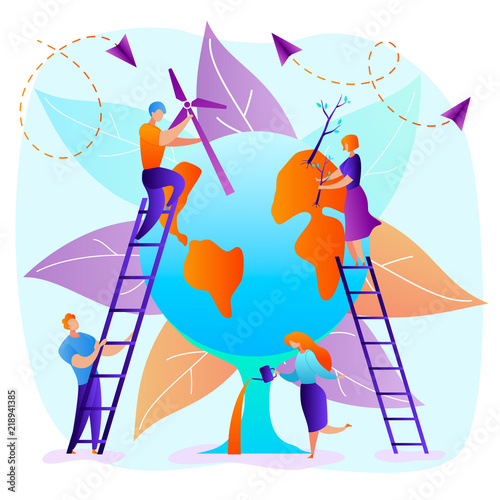 Modern Flat Ecology Concept for Earth Day, Vector Illustration. Little people take care of our Planet,Environment,Nature.Men and women gardening,watering,installing windmill,alternative energy