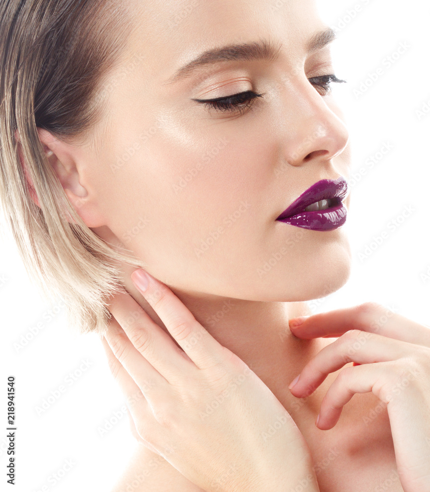 Beauty woman skin care face healthy blonde short hair and skin natural makeup isolated on white Beauty woman skin care face healthy blonde short hair and skin natural makeup isolated on white