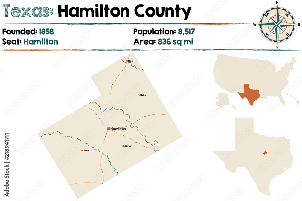 Fototapeta premium Detailed map of Hamilton county in Texas, USA.