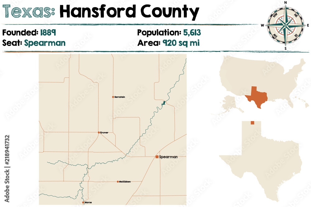 Detailed map of Hansford county in Texas, USA.