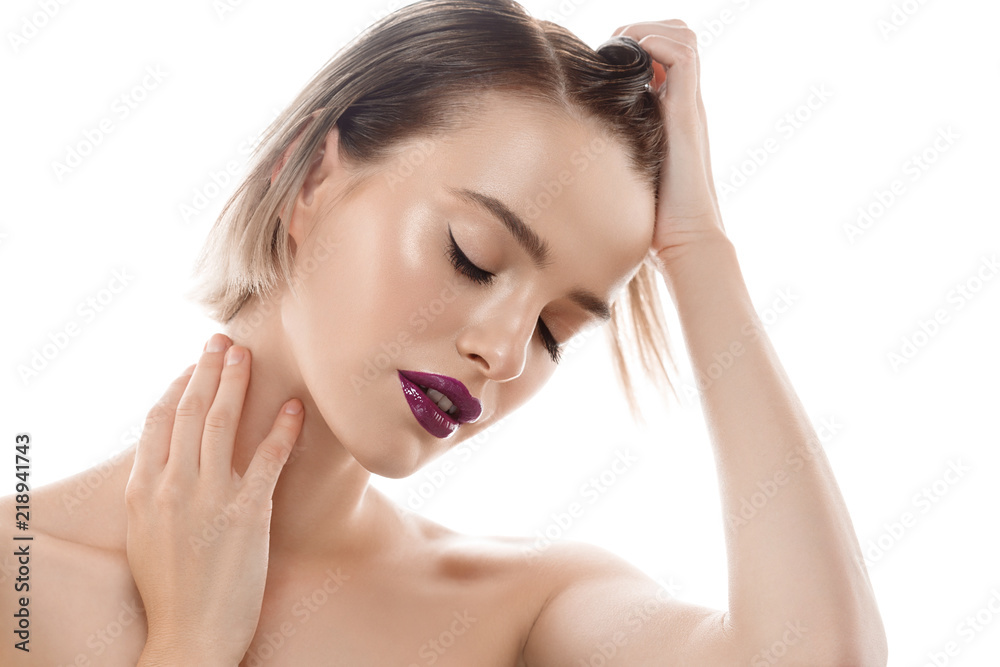 Beauty woman skin care face healthy blonde short hair and skin natural makeup isolated on white Beauty woman skin care face healthy blonde short hair and skin natural makeup isolated on white