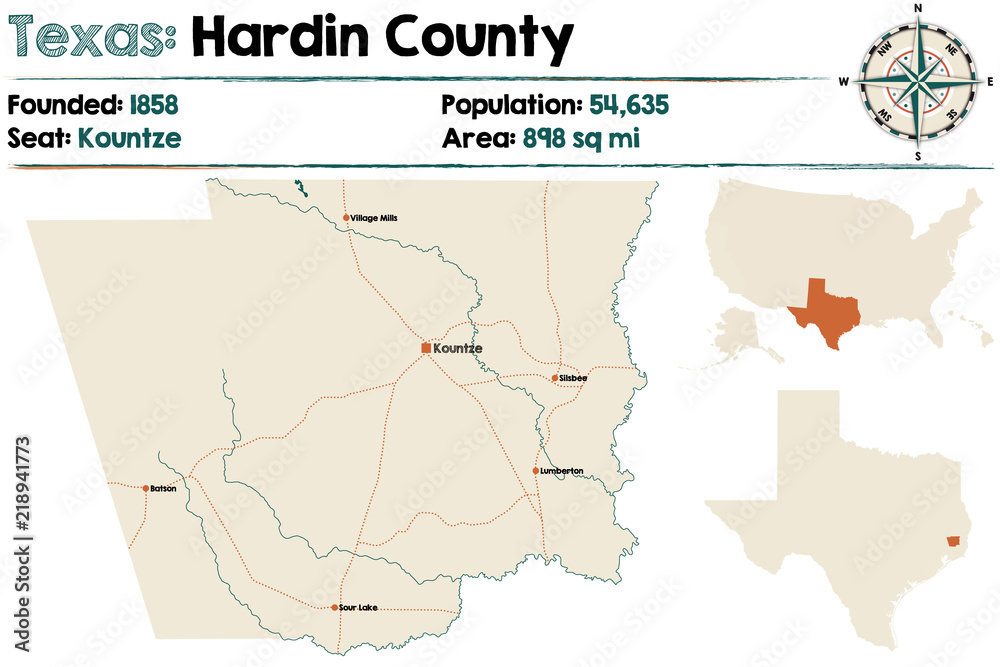Detailed map of Hardin county in Texas, USA.