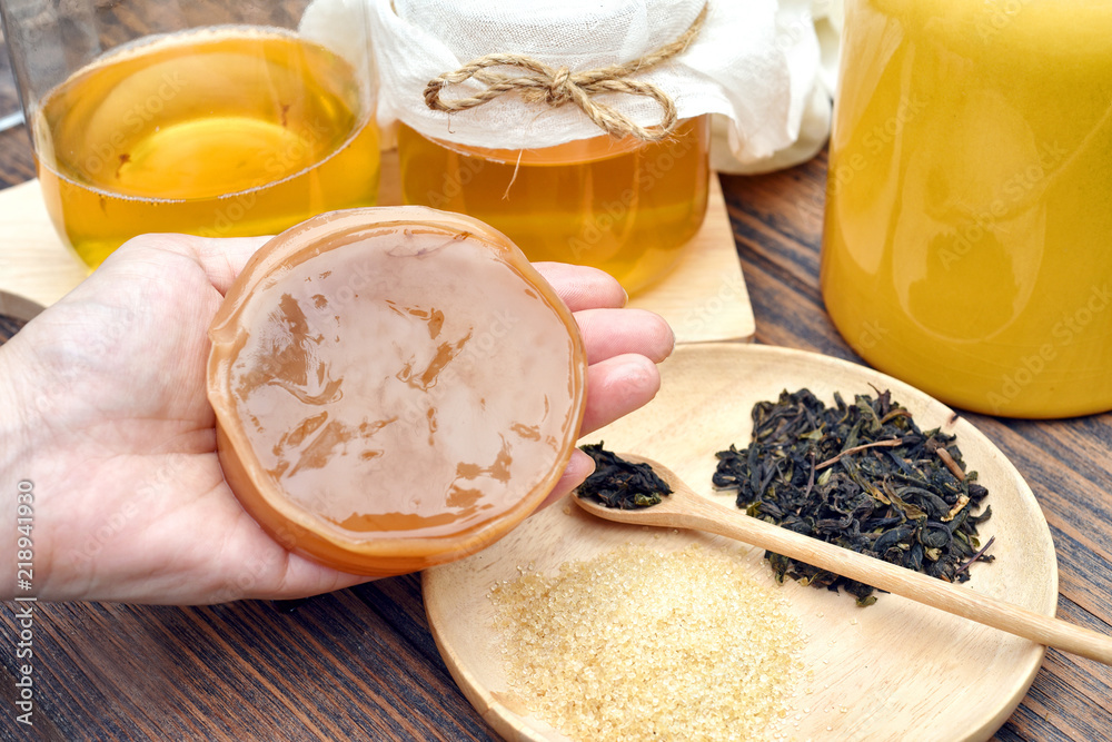 Scoby, Hand holding tea mushroom with kombucha tea, Healthy fermented food, Probiotic nutrition drink for good balance digestive system.