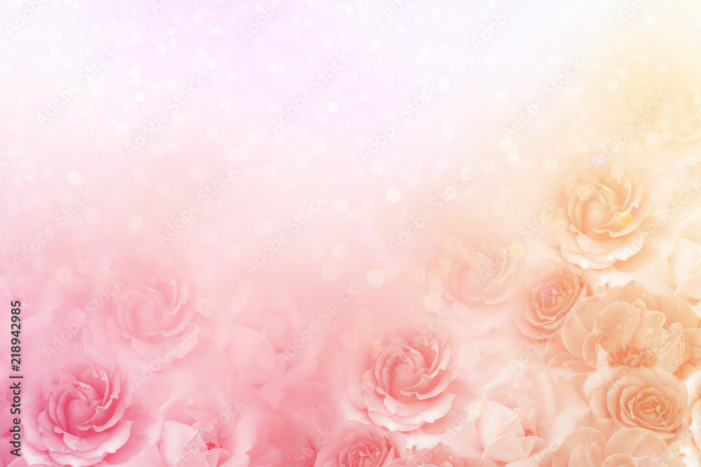 Fototapeta premium piękne róże kwiat granicy w miękkim kolorze rocznika ton z brokatem romantycznym tle na Walentynki lub karty ślubu