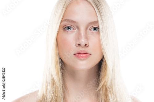 Closeup woman face with healthy skin beauty eyes and lips blonde beautiful girl