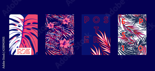 Poster with tropical flat geometric pattern. Cool colorful backgrounds. Applicable for Banners, Placards, Posters, Flyers. Vector illustration.