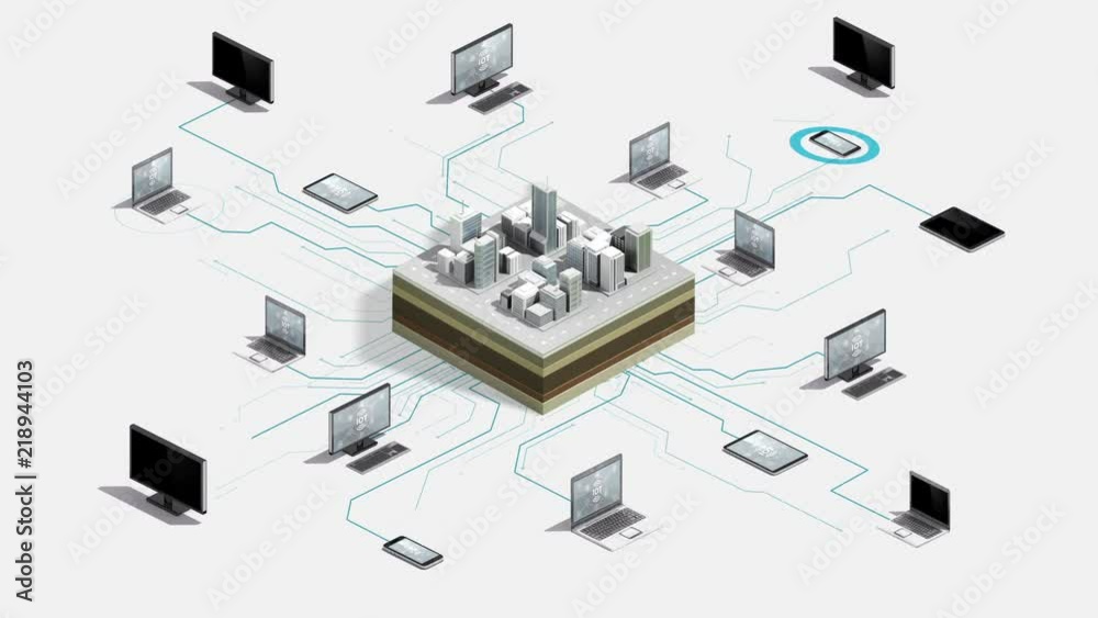 Smart city connect Internet of things server system. 4k animation. 