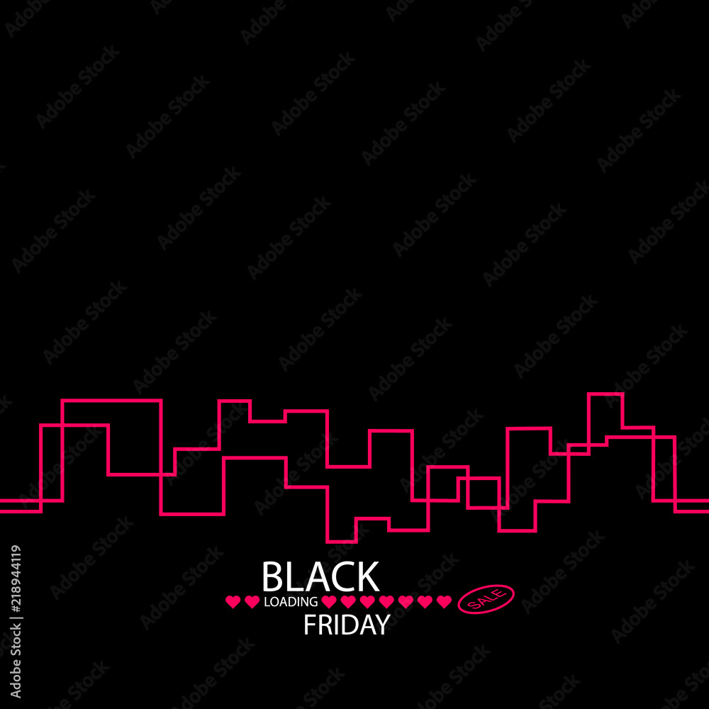 Fototapeta premium Black Friday in the City the Perfect Sale. White Ribbon Banner in Flat Style on a Black Background with an Abstract City Skyline with Loading heartsBar. Vector Illustration