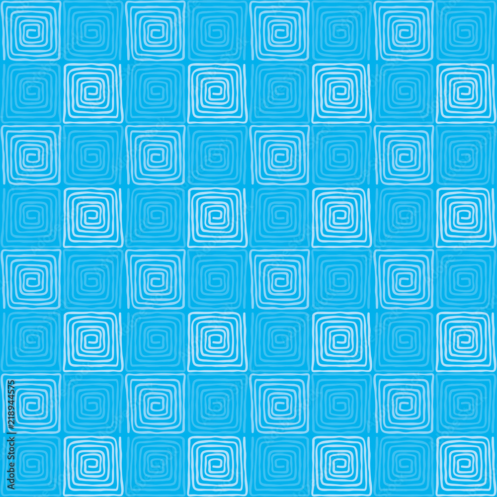 Blue colored seamless square spiral pattern. Loose, irregular and hand drawn spirals. Tile and template for a motif or to create an ornament. Isolated illustration on blue background. Vector.