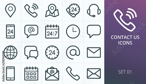 Contact us icons set. Set of business contact phone call, map maker, open email envelope, calendar, call us, call center, support, gps map location vector line icons photo