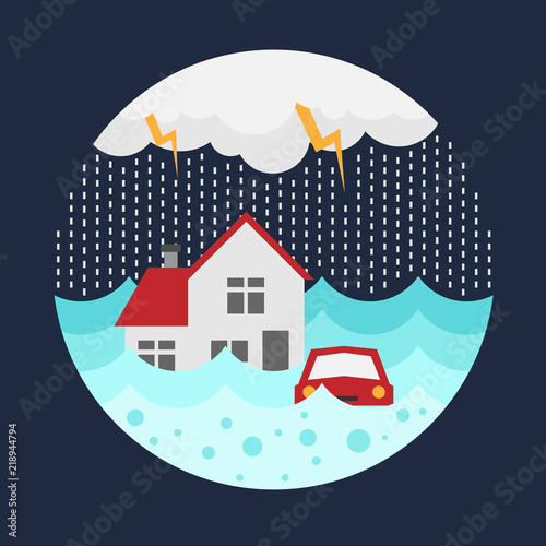 Flood disaster banner with home and car in flood water and rain circle style vector design