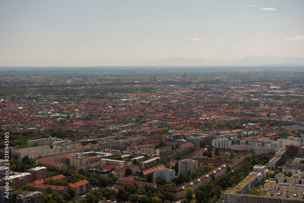 View of Munich city in Germany from Olympic tower. Landscape of Munich during summer with blue sky.