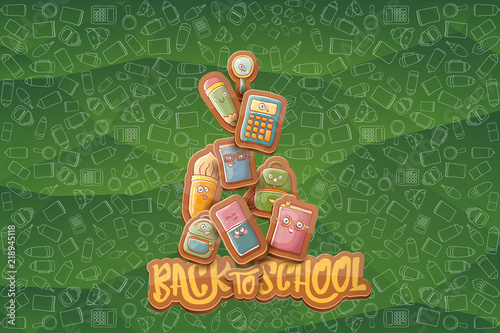 Back to school vector horizntal background template or banner with funny cartoon supplies like pencil ,book, bag, eraser and space for text. Vector back to school label © zmiter