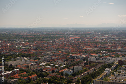 View of Munich city in Germany from Olympic tower. Landscape of Munich during summer with blue sky.