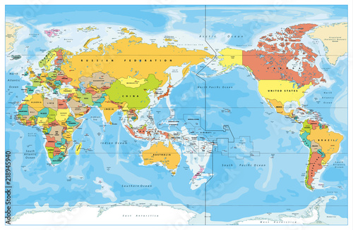 Fototapeta Naklejka Na Ścianę i Meble -  Pacific Centered World Colored Map