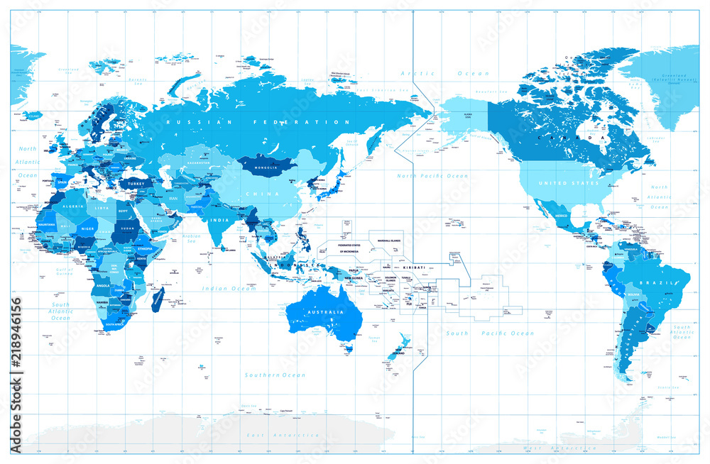 Pacific Centered World Map In Colors of Blue