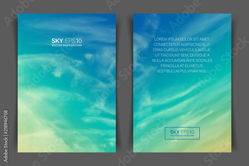 Two-sided vertical flyer of a4 format with realistic turquoise-yellow sky and spindrift clouds. The image can be used to design a banner, poster and postcard