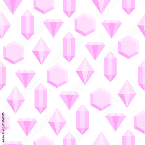 Simple flat pink diamond crystals on white seamless pattern, vector
