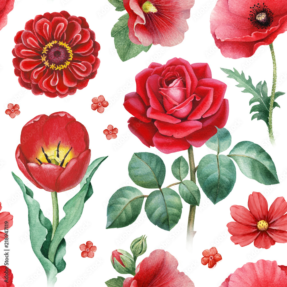 Watercolor illustrations of red flowers. Seamless pattern