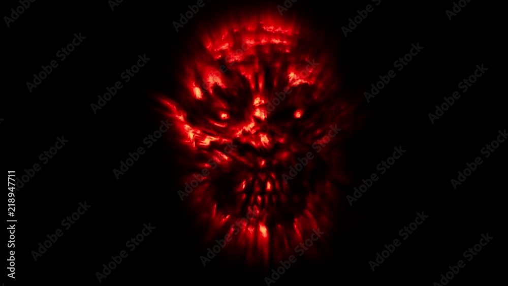 Scary zombie face 2d animation. Horror fantasy video clip. Creepy Halloween. Evil shining demon. Angry burning devil eyes. Cruel ghost face. Spooky animated vj loop movie. Red and black background. 