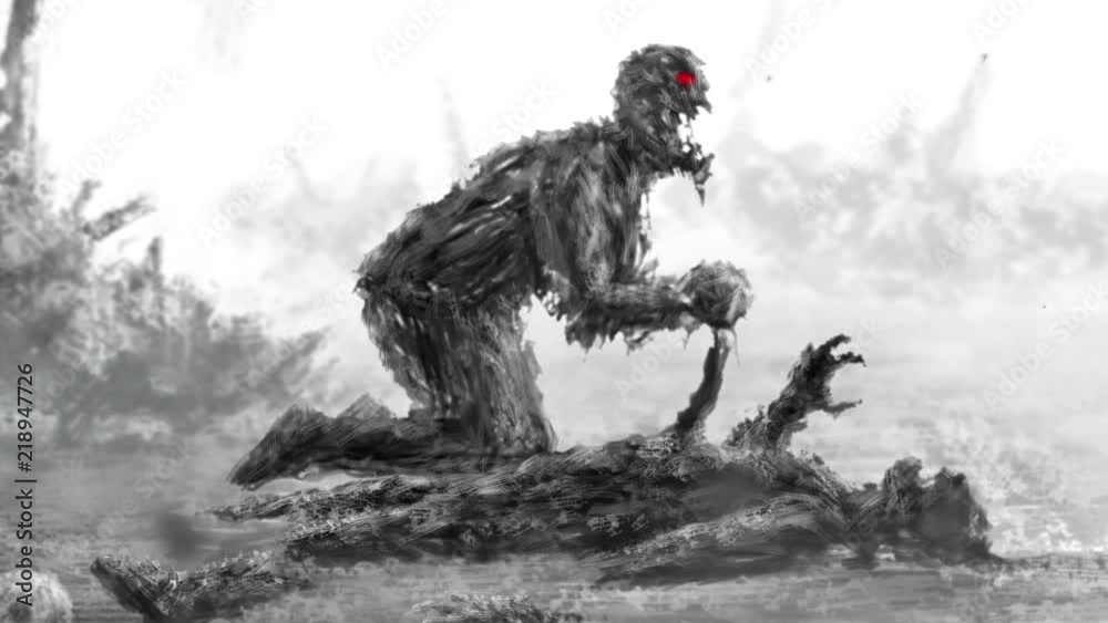 Angry zombie sits and eats its prey.  Scary monster character profile. Dark 2d animation. Horror fantasy genre. Scary animated backdrop movie. Spooky Halloween. Motion graphics for Vj loop video clip.