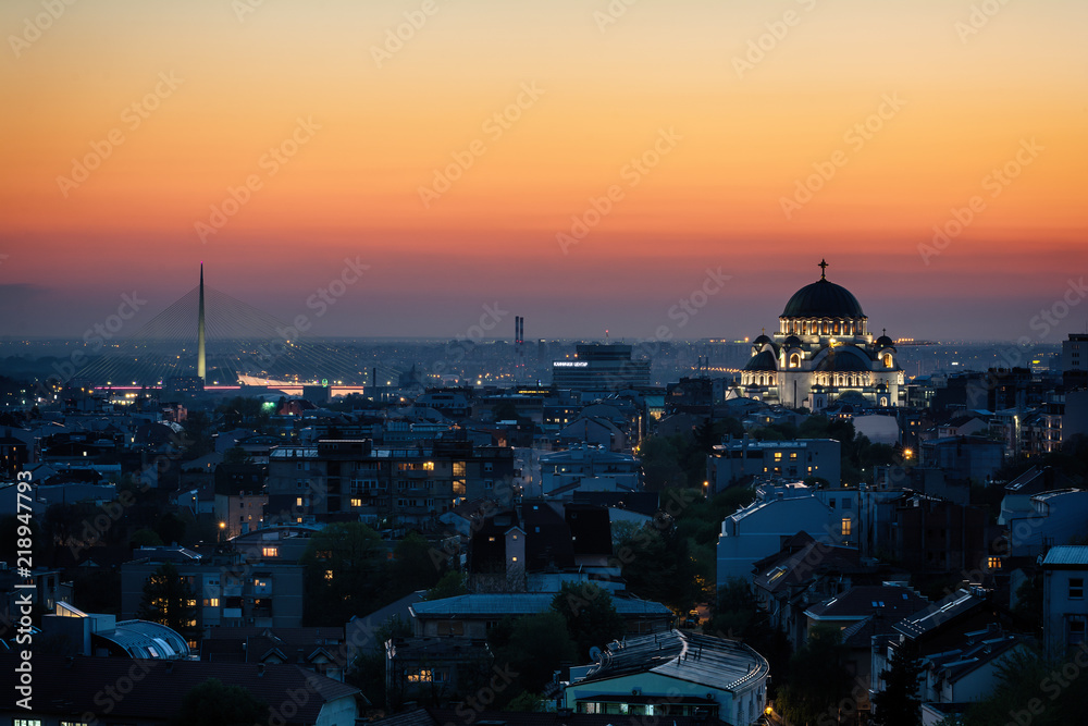 Fototapeta premium Belgrade, Serbia - April 10, 2017: Belgrade panorama with the temple of St. Sava by night