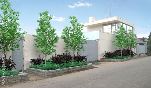 Property dividing line and driveway beautification, 3D rendering © Kostiantyn