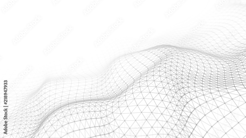 Wave white background. Abstract white futuristic background. Wave with connecting dots and lines on dark background. Wave of particles. 3D rendering. - obrazy, fototapety, plakaty 