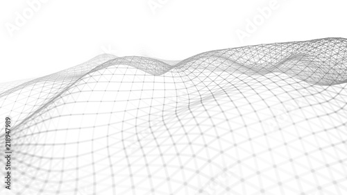 Wave white background. Abstract white futuristic background. Wave with connecting dots and lines on dark background. Wave of particles. 3D rendering.