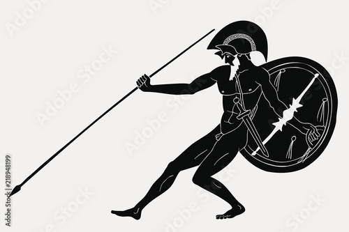 Ancient Greek warrior with a spear and shield in his hands. Figure on the bottom of the vase.
