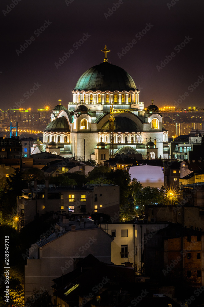 Fototapeta premium Belgrade, Serbia - April 10, 2017: Belgrade panorama with the temple of St. Sava by night