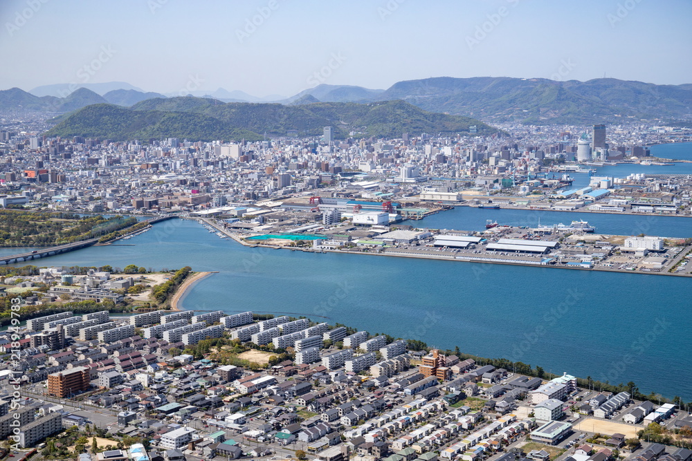 Cityscape of Tsumeta river in Takamatsu city,Kagawa,Shikoku,Japan