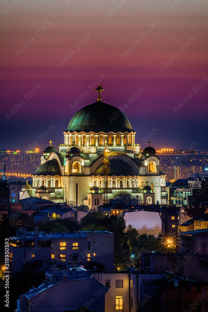 Fototapeta premium Belgrade, Serbia - April 10, 2017: Belgrade panorama with the temple of St. Sava by night