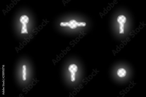 Realistic blurred dark keyhole design element set, various overlay templates with glowing key hole transparent aperture, abstract secret, opportunity or spying graphical motive