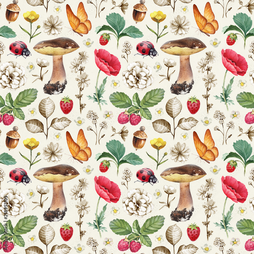 Summer seamless pattern. Illustrations of flowers, berries, mushrooms and insects Summer seamless pattern. Illustrations of flowers, berries, mushrooms and insects