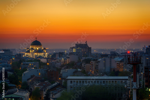 Belgrade panorama with the temple of St. Sava and sunset