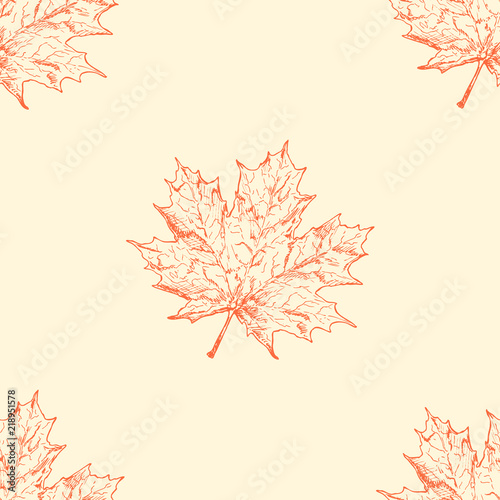 Seamless pattern with hand drawn maple leaves. Vintage autumn background