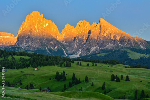 Italy Dolomites Alpe di Siusi Plattkofel Langkofel sunset