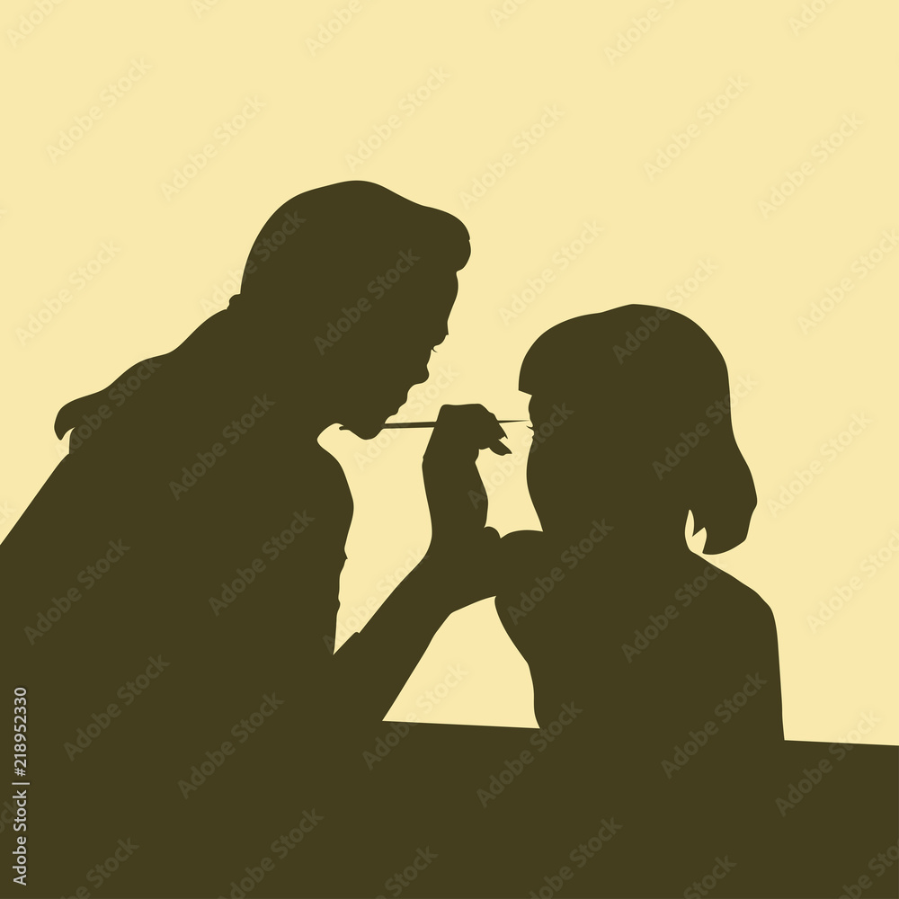 Vector silhouettes. A woman with a tassel draws a pattern on the girl's face.