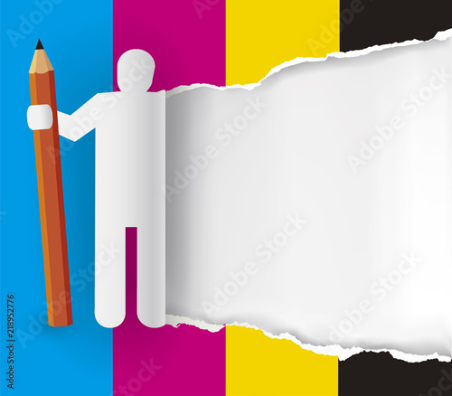Graphic designer with pencil, ripped paper.
Symbol of man with pencil ripping paper with print colors.Place for your text or image. Vector available. 