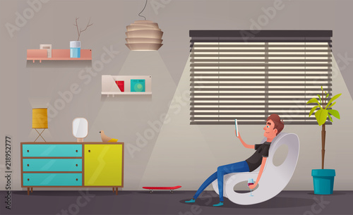 Living room and office interior. Modern apartment scandinavian or loft design. Cartoon vector illustration
