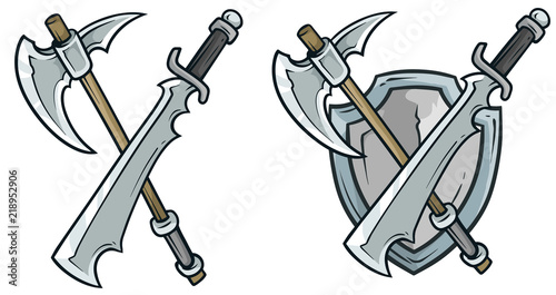 Cartoon coat of arms with axe and shield