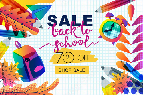 Vector back to school sale banner, poster template. Color gradients leaves, p...