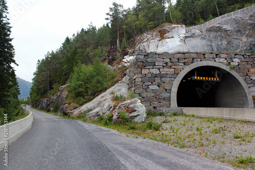 Main road entering the tunnel and a detour, Norway