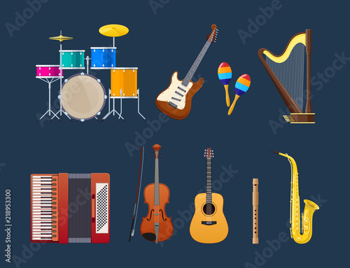Set of modern musical instruments: percussion, string, brass instruments.