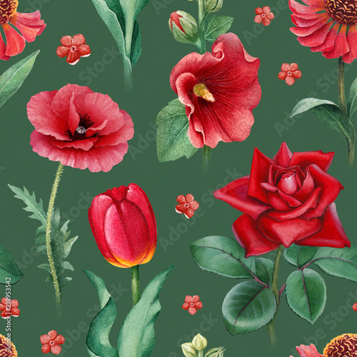 Watercolor illustrations of red flowers. Seamless pattern