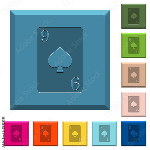 Nine of spades card engraved icons on edged square buttons