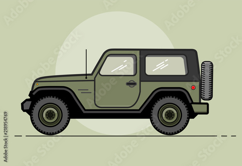 Vector modern retro khaki jeep. Tourism design.Travel by car. Retro travel car. Extreme Sports - 4x4 Sports Utility Vehicle SUV. Vector Illustration flat style for web design banner or print